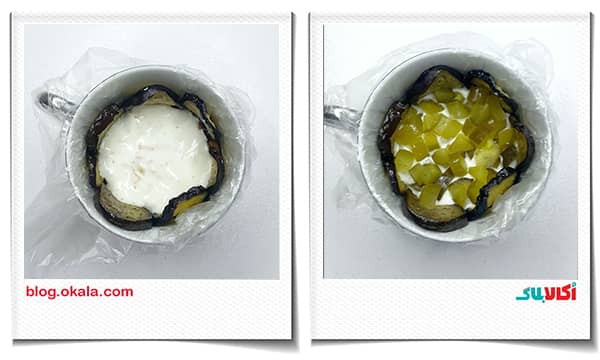 ریختن خیارشور و سس در سالاد مرغ و بادمجان