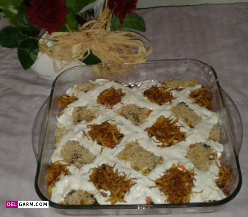 دستور تهیه خوراک قفقازی با گوشت گوساله و فیله مرغ (مرحله به مرحله)