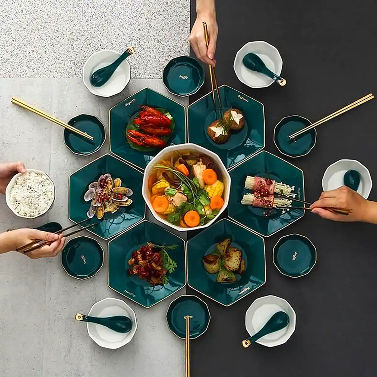 ست غذا خوری سبز دورطلایی