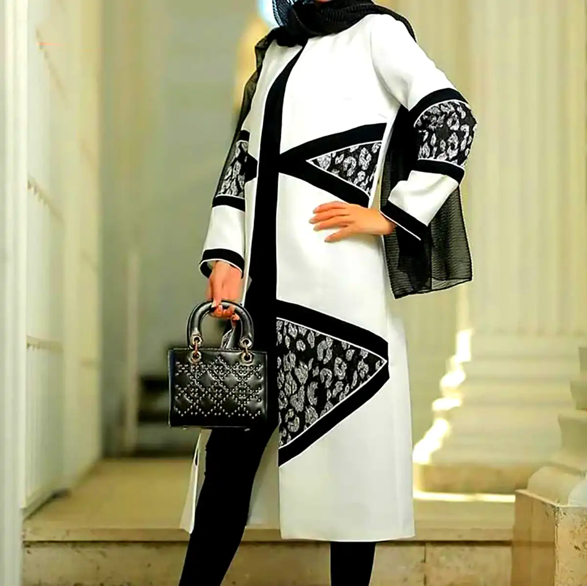 مانتو سفید مشکی مجلسی