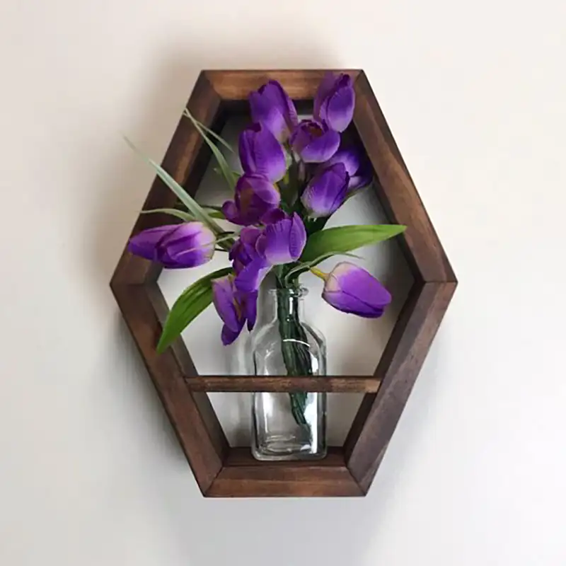 گلدان شش گوش چوبی با لوله شیشه ای (جدیدترین مدل های ترند امسال ۱۴۰۴ - ۲۰۲۵) گلدان شش گوش چوبی با لوله شیشه ای
