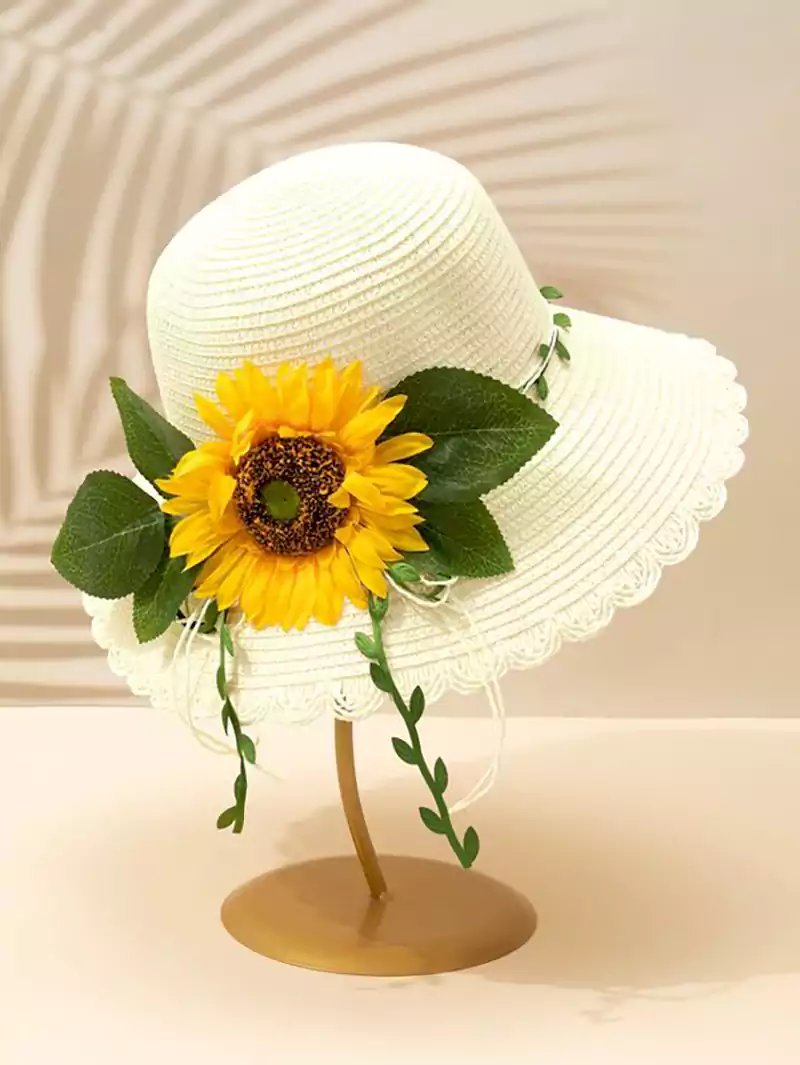 کلاه حصیری بچگانه دخترانه گلدار زیبا