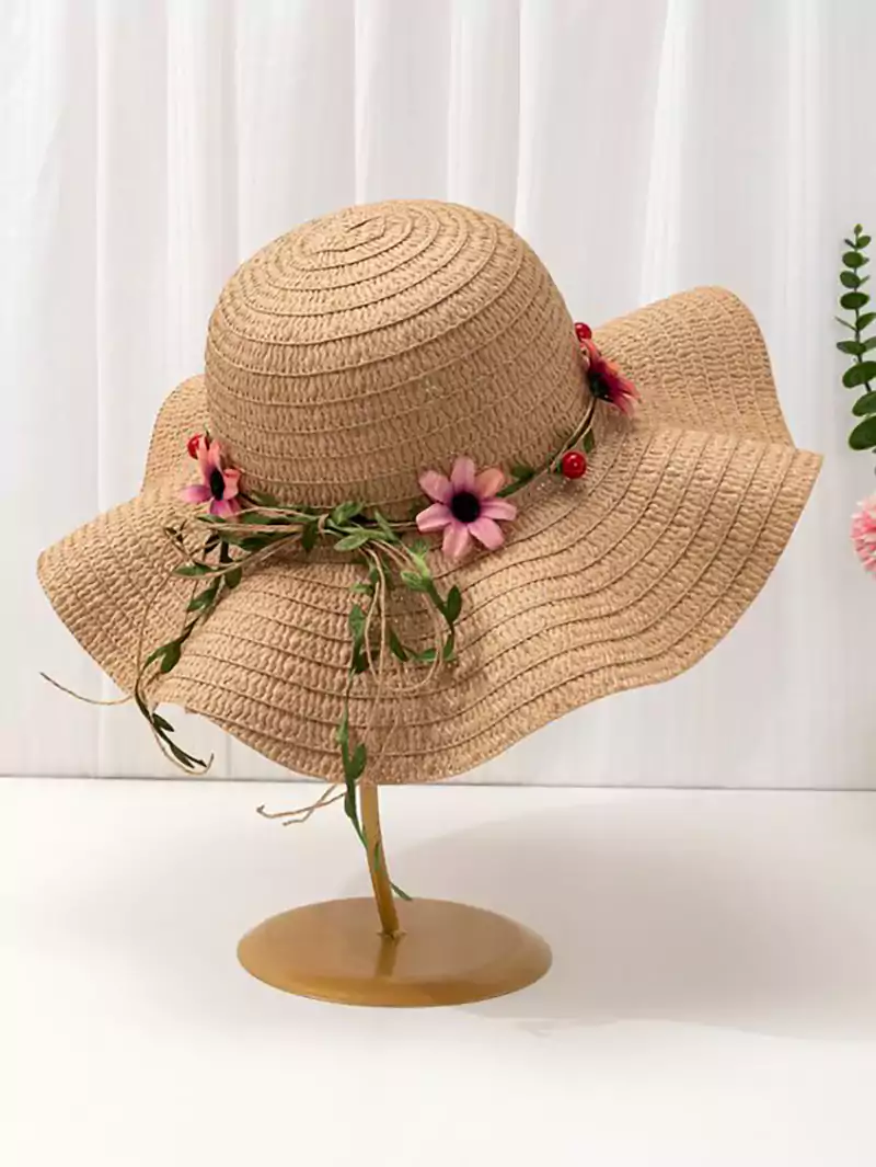 کلاه حصیری بچگانه دخترانه گلدار زیبا