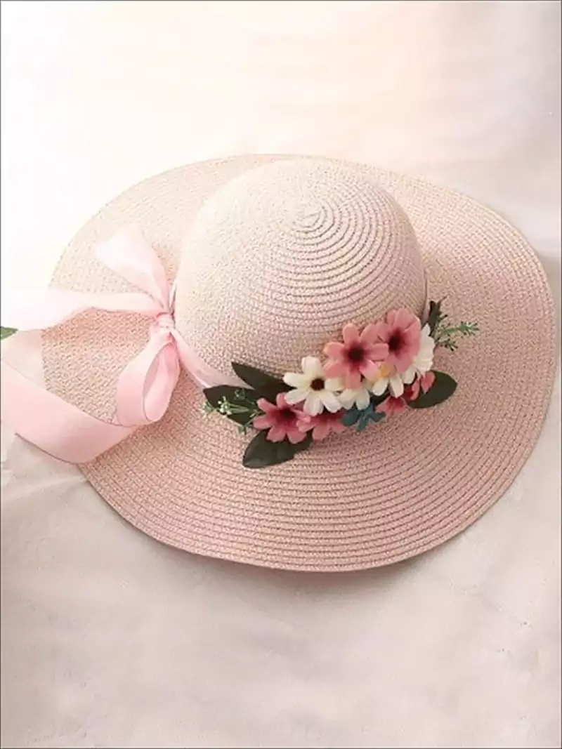 کلاه حصیری بچگانه دخترانه گلدار زیبا