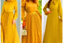 پیراهن مجلسی زرد پلیسه (جدیدترین مدل های ترند امسال ۱۴۰۴ - ۲۰۲۵)
